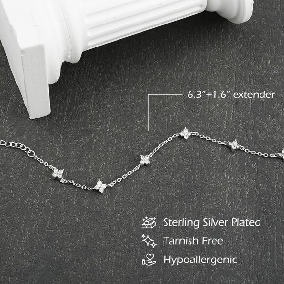 Sterling Silver Round Clover Link Chain Ring Bracelet Hand Chain for Women - Picture 6 of 7